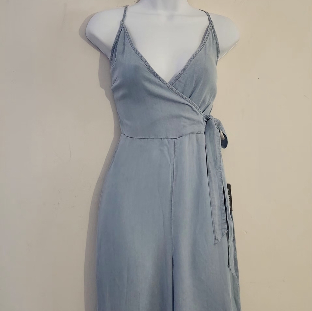 Lulus Chambray Spaghetti Strap V-Neck, Wide-Leg Jumpsuit Size: S Color: Light Bl